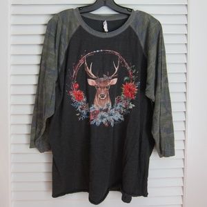 Deer in Leopard Print Headband 3/4 Baseball Camo Sleeve Tee Shirt sz XL